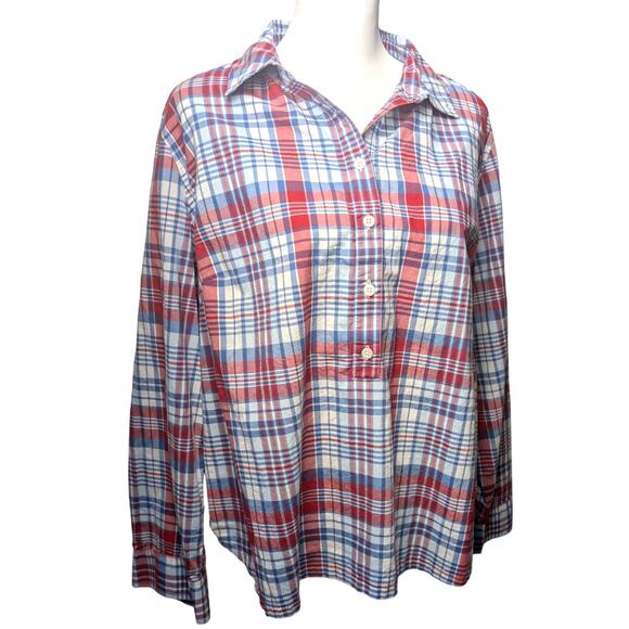 Talbots Women's Cotton Shirt Pull-Over 1/2 Button Red Blue Plaid Size 2X Summer‎ - Picture 1 of 6